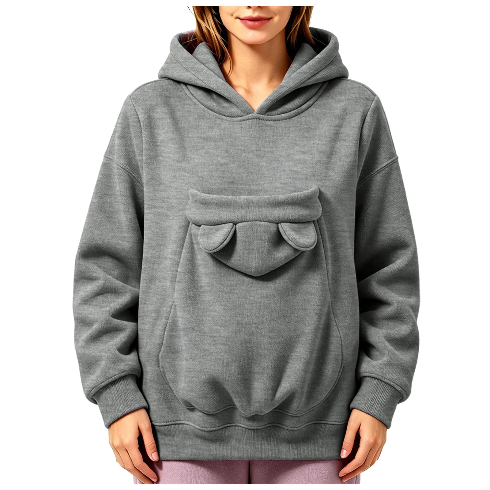 Pet Pouch Hoodies Women Oversize Sweatshirt With Hooded Kangaroo Pocket Funny Solid Color Loose Long Sleeve Pullover For Dog Cat