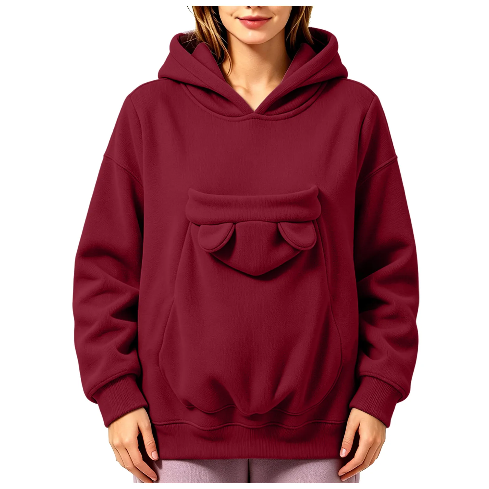 Pet Pouch Hoodies Women Oversize Sweatshirt With Hooded Kangaroo Pocket Funny Solid Color Loose Long Sleeve Pullover For Dog Cat