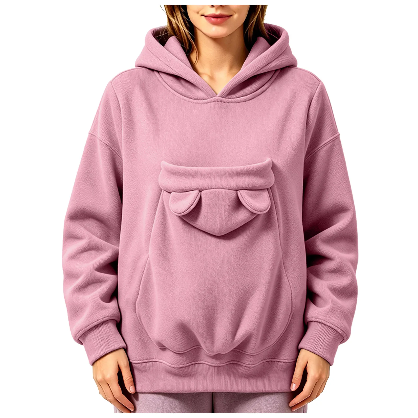 Pet Pouch Hoodies Women Oversize Sweatshirt With Hooded Kangaroo Pocket Funny Solid Color Loose Long Sleeve Pullover For Dog Cat