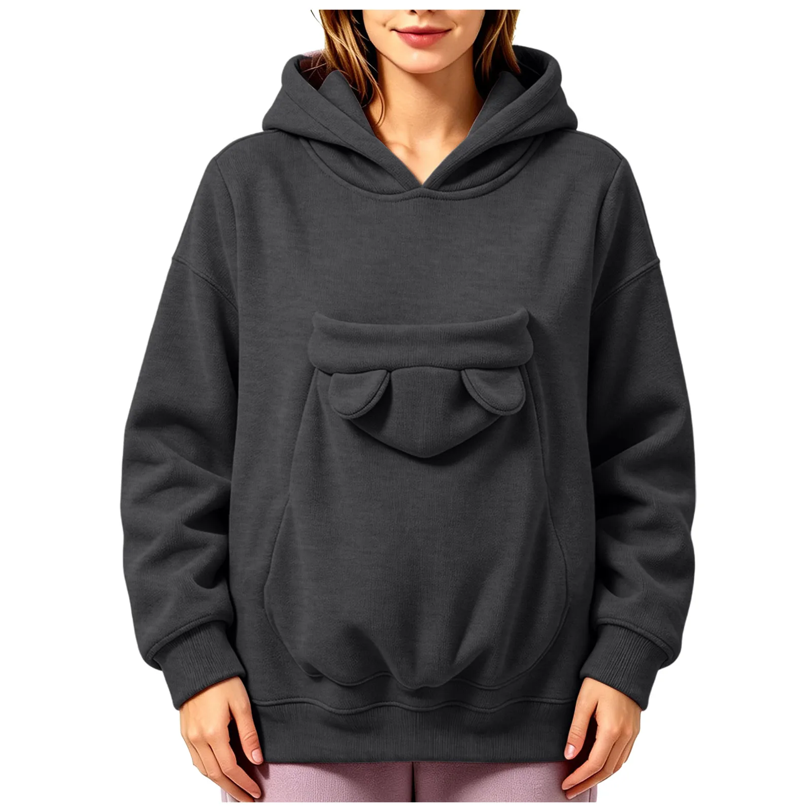 Pet Pouch Hoodies Women Oversize Sweatshirt With Hooded Kangaroo Pocket Funny Solid Color Loose Long Sleeve Pullover For Dog Cat