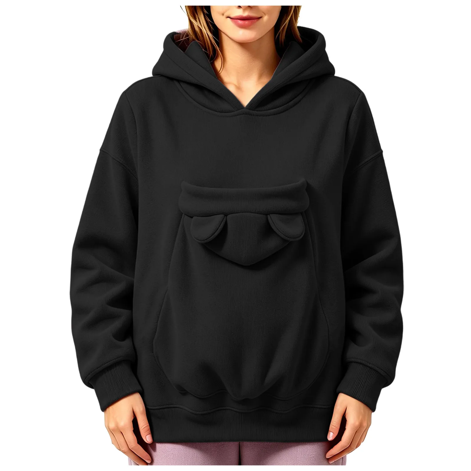 Pet Pouch Hoodies Women Oversize Sweatshirt With Hooded Kangaroo Pocket Funny Solid Color Loose Long Sleeve Pullover For Dog Cat