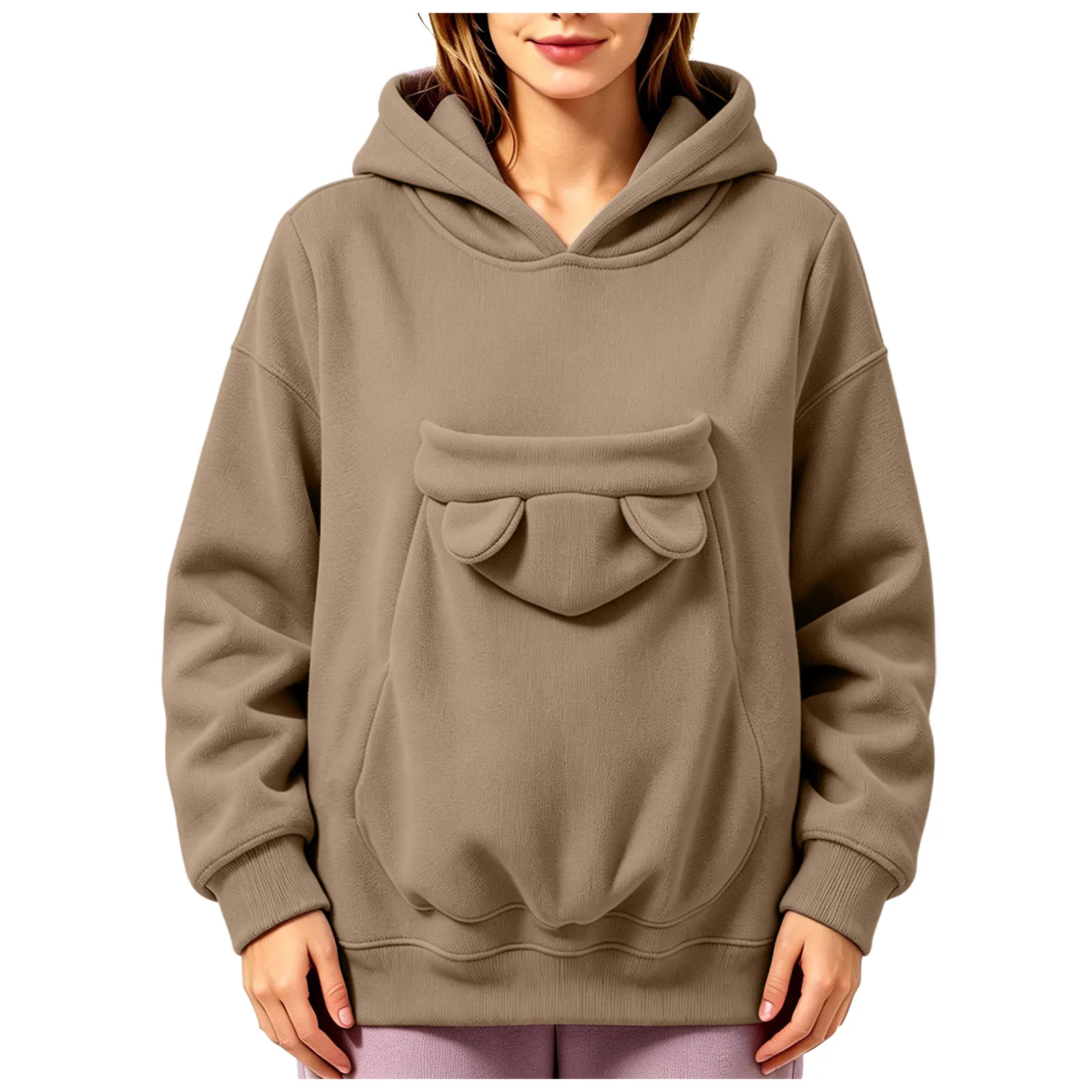 Pet Pouch Hoodies Women Oversize Sweatshirt With Hooded Kangaroo Pocket Funny Solid Color Loose Long Sleeve Pullover For Dog Cat