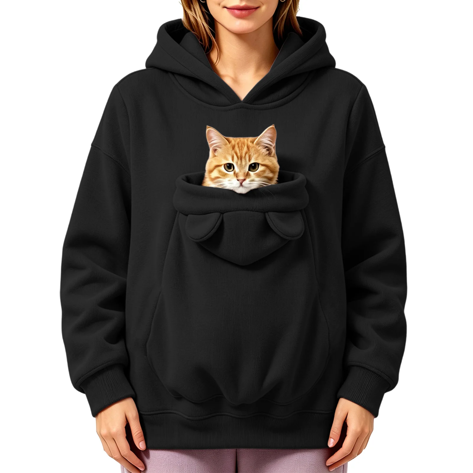 Pet Pouch Hoodies Women Oversize Sweatshirt With Hooded Kangaroo Pocket Funny Solid Color Loose Long Sleeve Pullover For Dog Cat