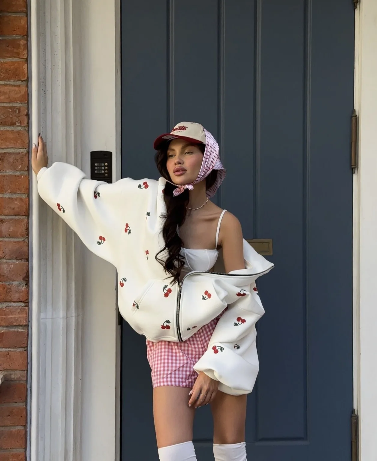 Women Y2K Sweet Cherry All‑Over Print Zip Up Hoodie Oversized Drop Shoulder Long Sleeve Hooded Jacket Casual Loose Streetwear