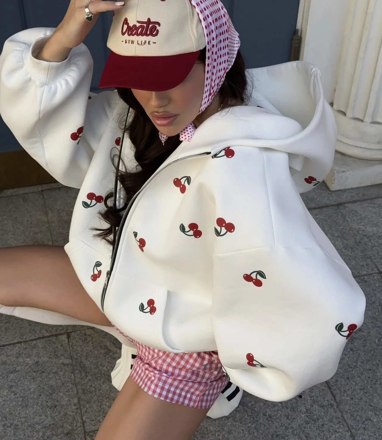 Women Y2K Sweet Cherry All‑Over Print Zip Up Hoodie Oversized Drop Shoulder Long Sleeve Hooded Jacket Casual Loose Streetwear