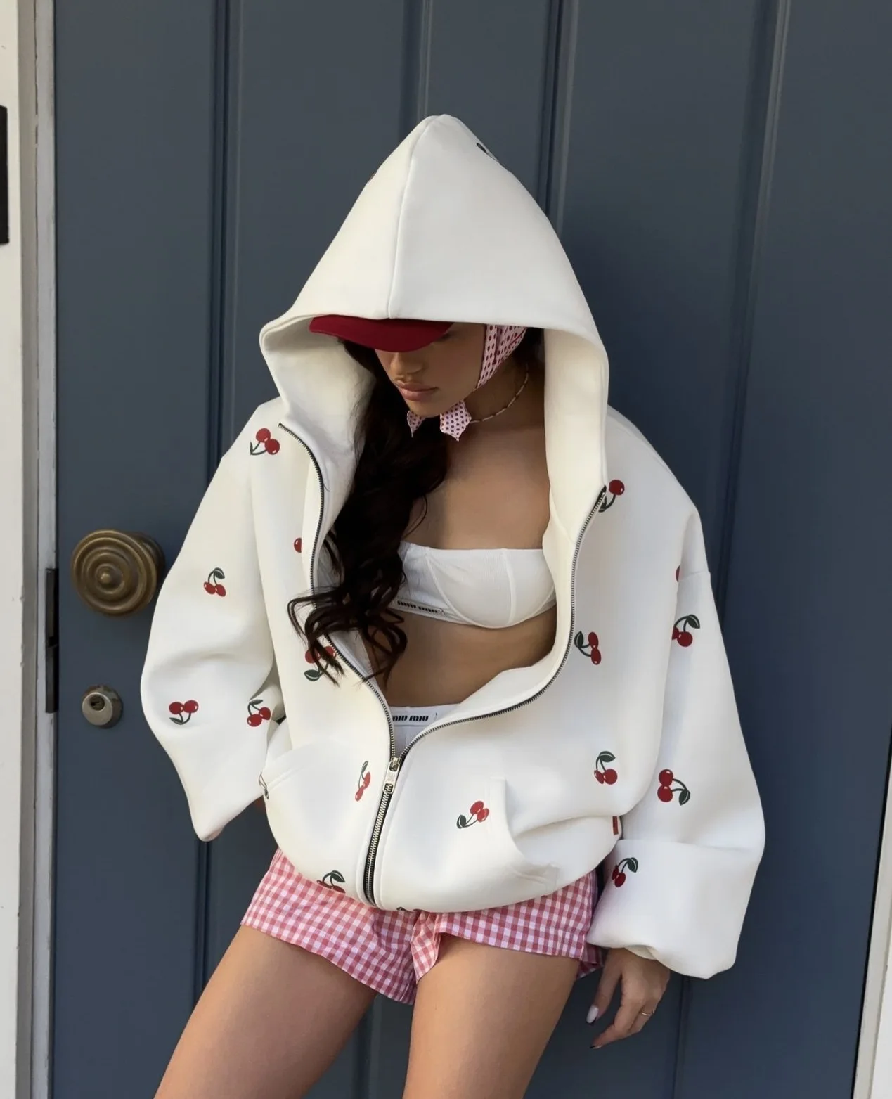 Women Y2K Sweet Cherry All‑Over Print Zip Up Hoodie Oversized Drop Shoulder Long Sleeve Hooded Jacket Casual Loose Streetwear