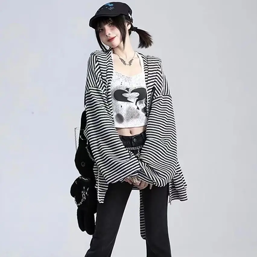 2025 Loose Stripe Rabbit Ear Knitted Hoodies Women Hooded Zip up Sweatshirts Y2k Autumn Cute Cardigan Coat Kpop Kawaii Clothes