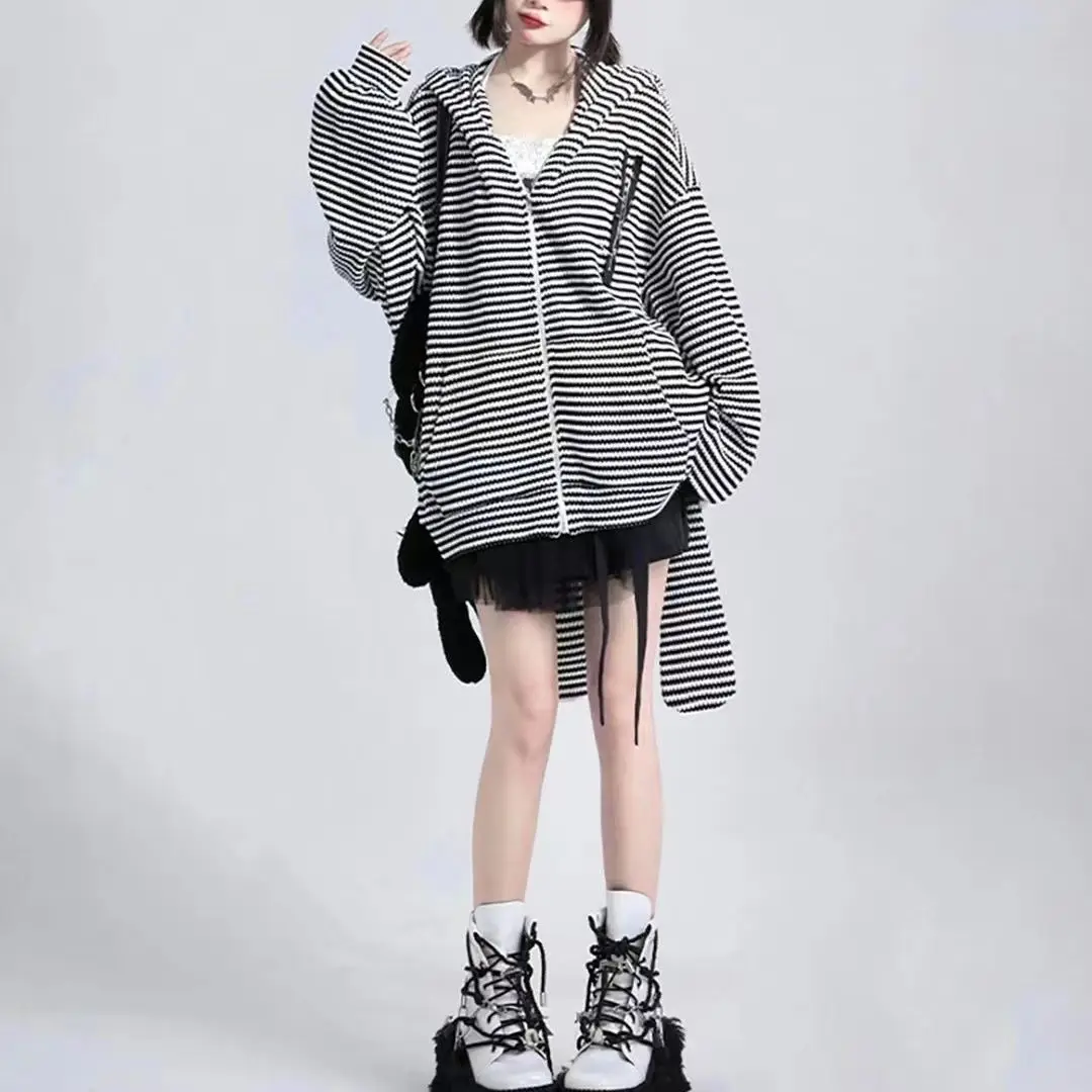 2025 Loose Stripe Rabbit Ear Knitted Hoodies Women Hooded Zip up Sweatshirts Y2k Autumn Cute Cardigan Coat Kpop Kawaii Clothes