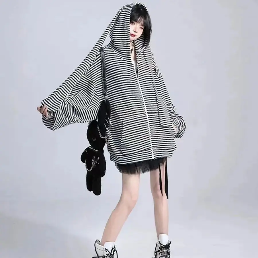 2025 Loose Stripe Rabbit Ear Knitted Hoodies Women Hooded Zip up Sweatshirts Y2k Autumn Cute Cardigan Coat Kpop Kawaii Clothes