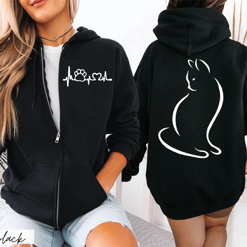 Women Zipper Hoodie Clothes Autumn Winter New Cute Cat Heatbeat Sweatshirt Hip Hop Streetwear Women Zip Up Jacket Coat Clothing