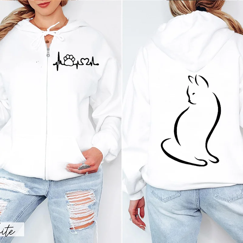 Women Zipper Hoodie Clothes Autumn Winter New Cute Cat Heatbeat Sweatshirt Hip Hop Streetwear Women Zip Up Jacket Coat Clothing