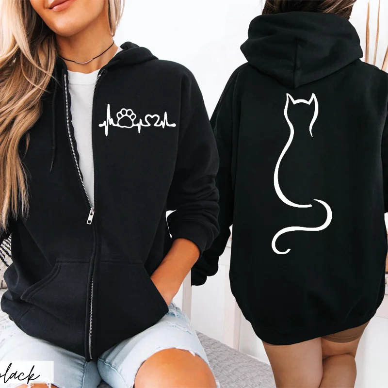 Women Zipper Hoodie Clothes Autumn Winter New Cute Cat Heatbeat Sweatshirt Hip Hop Streetwear Women Zip Up Jacket Coat Clothing