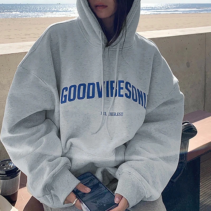 Korean Fashion Loose Sweater Women Autumn Winter 2025 Long Sleeve Hooded Shirt Letter Print Pullover Tops Casual Sweatshirts