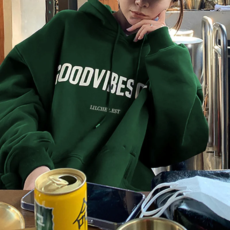 Korean Fashion Loose Sweater Women Autumn Winter 2025 Long Sleeve Hooded Shirt Letter Print Pullover Tops Casual Sweatshirts