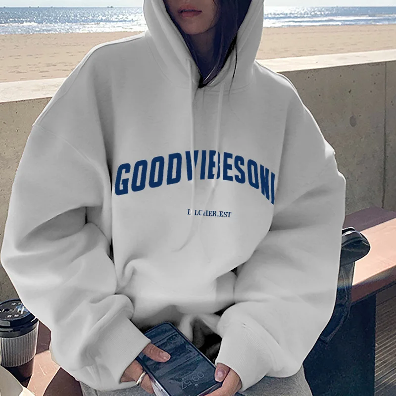 Korean Fashion Loose Sweater Women Autumn Winter 2025 Long Sleeve Hooded Shirt Letter Print Pullover Tops Casual Sweatshirts