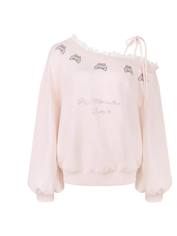 Japanese Kawaii Pink Sweatshirt Women Off Shoulder Lace Bow Long Sleeve Top Sweet Girl Design Fashion Soft Cute Casual Pullover