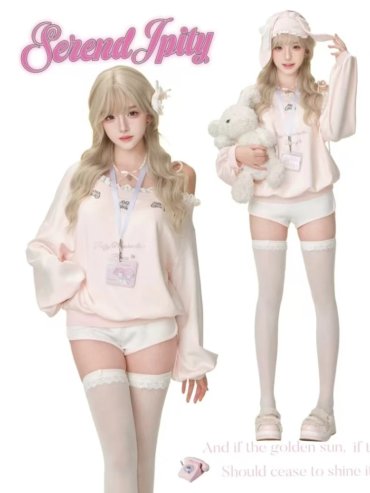 Japanese Kawaii Pink Sweatshirt Women Off Shoulder Lace Bow Long Sleeve Top Sweet Girl Design Fashion Soft Cute Casual Pullover