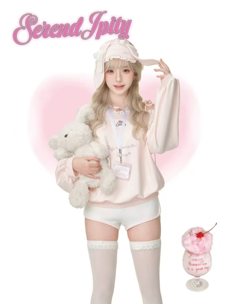 Japanese Kawaii Pink Sweatshirt Women Off Shoulder Lace Bow Long Sleeve Top Sweet Girl Design Fashion Soft Cute Casual Pullover