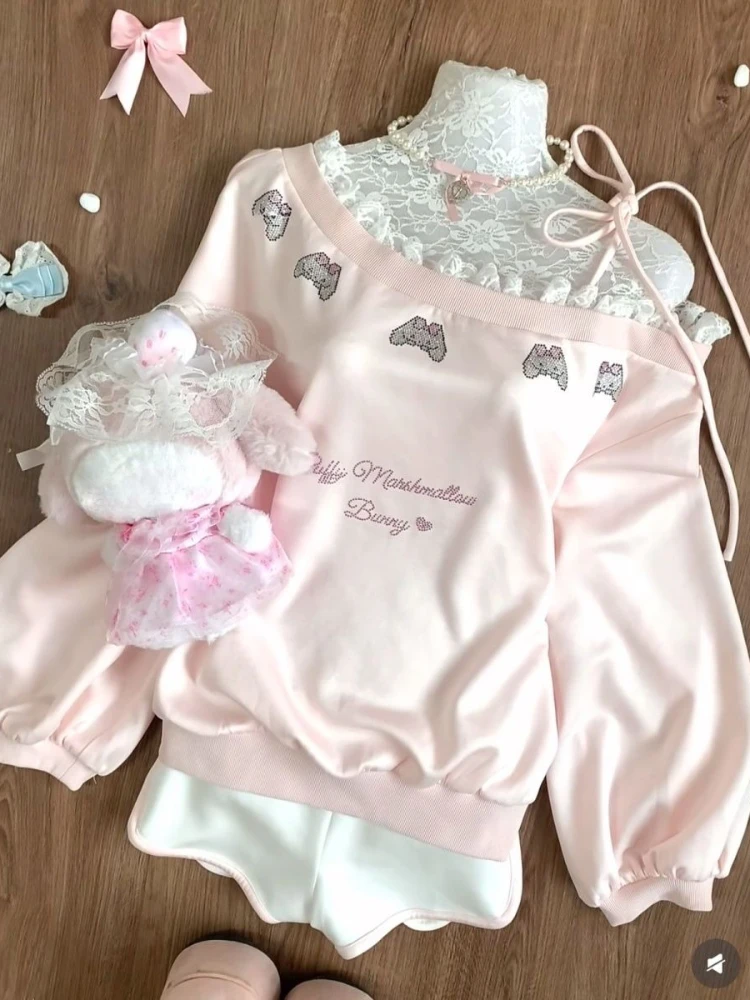Japanese Kawaii Pink Sweatshirt Women Off Shoulder Lace Bow Long Sleeve Top Sweet Girl Design Fashion Soft Cute Casual Pullover
