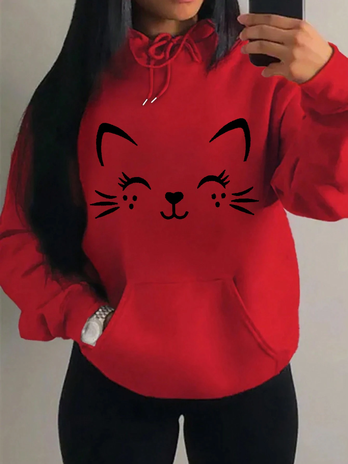 Simple Word Cat Happy Pattern Women Hoodies Fashion Casual Streetwear Personality Hip Hop Hoodie Trendy Fleece Pulloverar