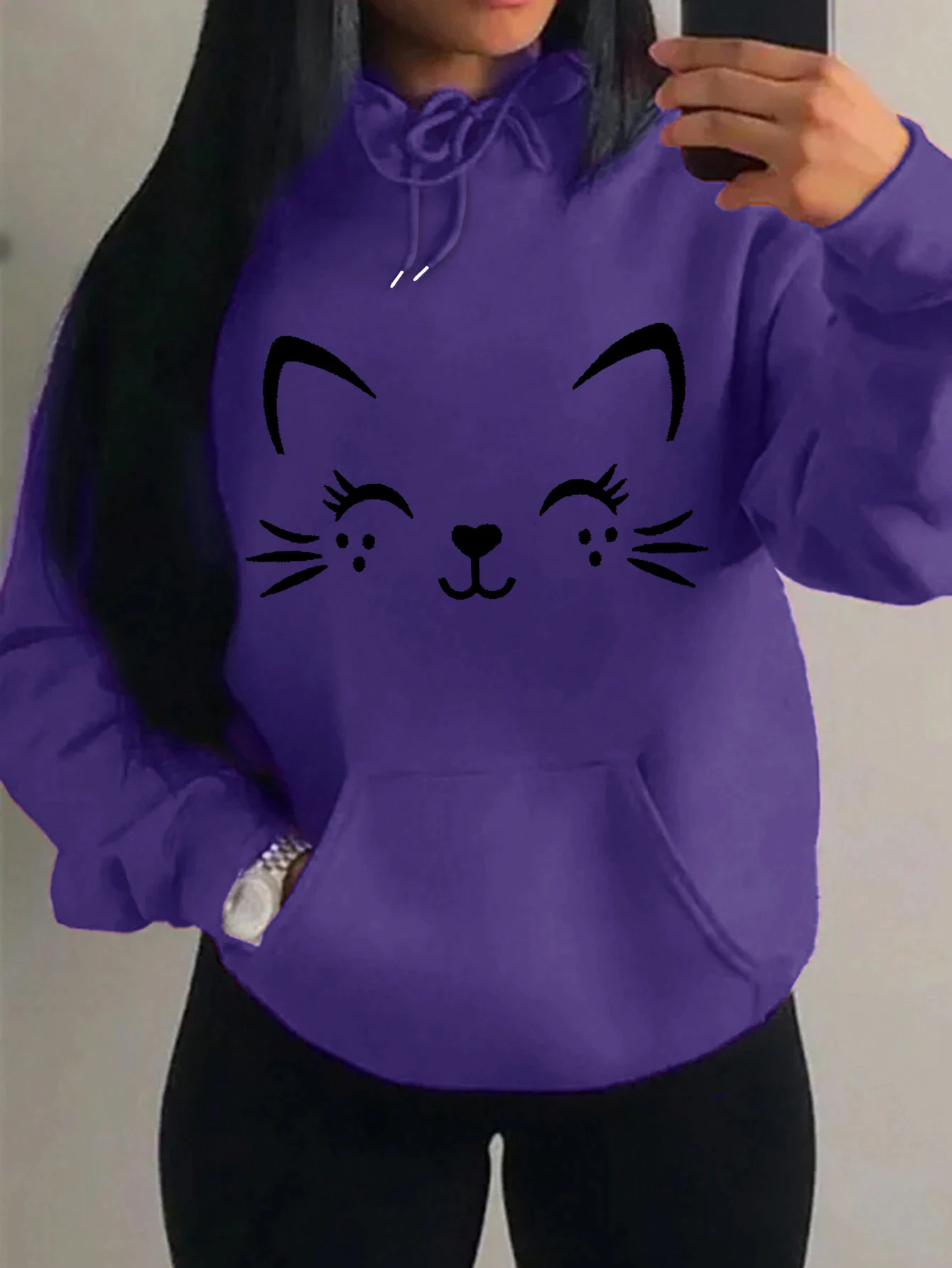 Simple Word Cat Happy Pattern Women Hoodies Fashion Casual Streetwear Personality Hip Hop Hoodie Trendy Fleece Pulloverar