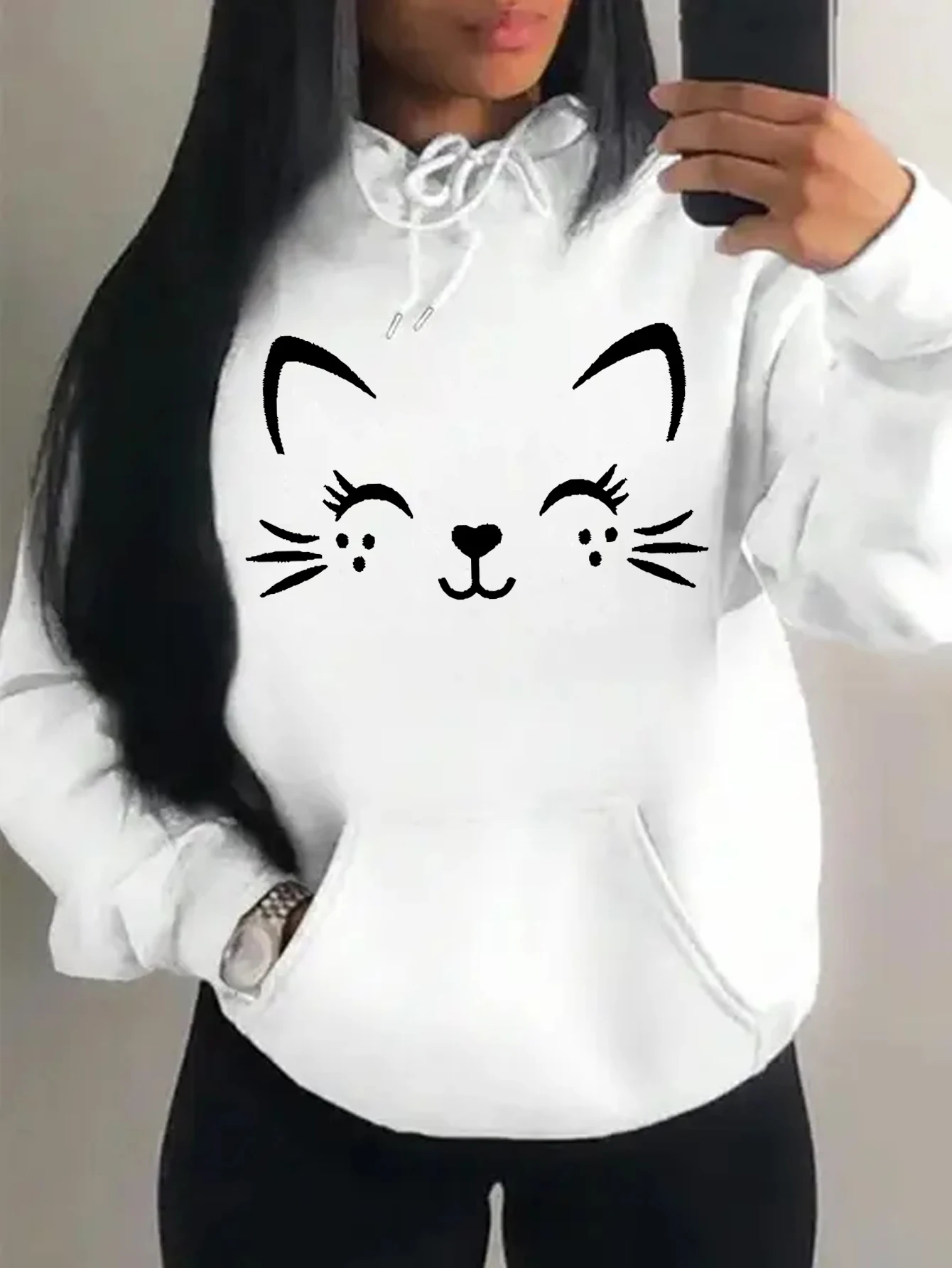 Simple Word Cat Happy Pattern Women Hoodies Fashion Casual Streetwear Personality Hip Hop Hoodie Trendy Fleece Pulloverar