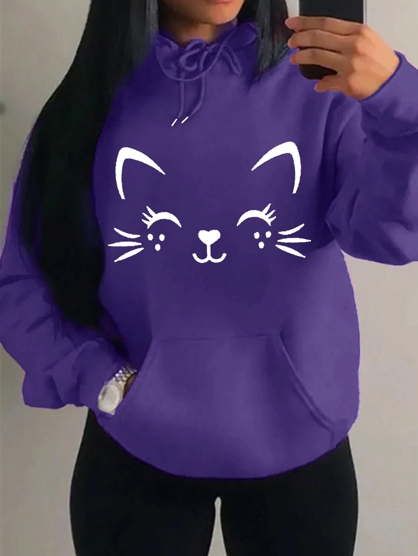 Simple Word Cat Happy Pattern Women Hoodies Fashion Casual Streetwear Personality Hip Hop Hoodie Trendy Fleece Pulloverar
