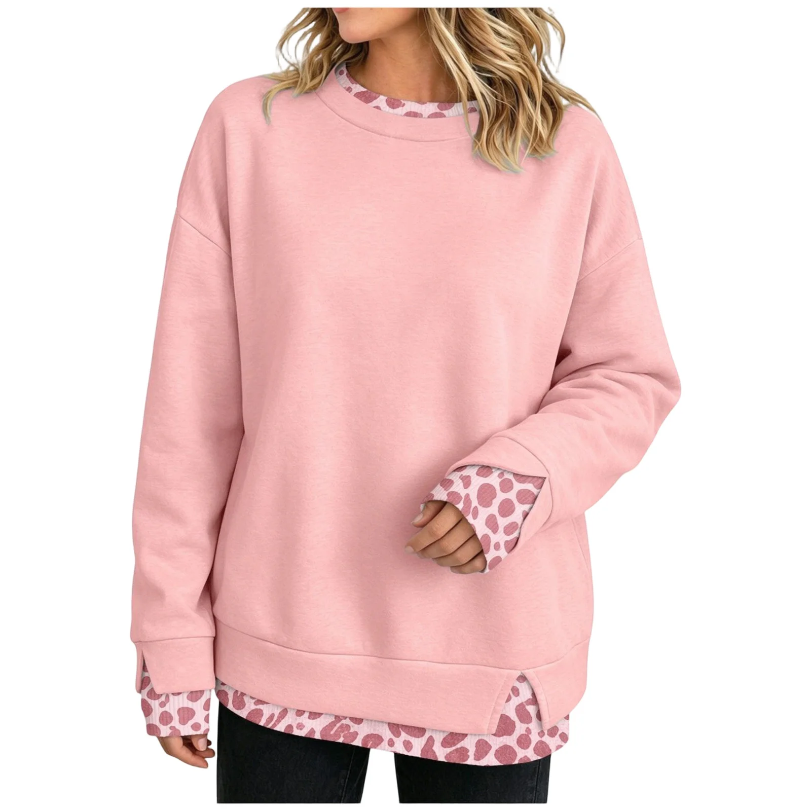 Fake Two-Piece Women Sweatshirts With Side Slit Leopard Print Long Sleeve Oversize Sweatshirts Office Casual Round Neck Pullover