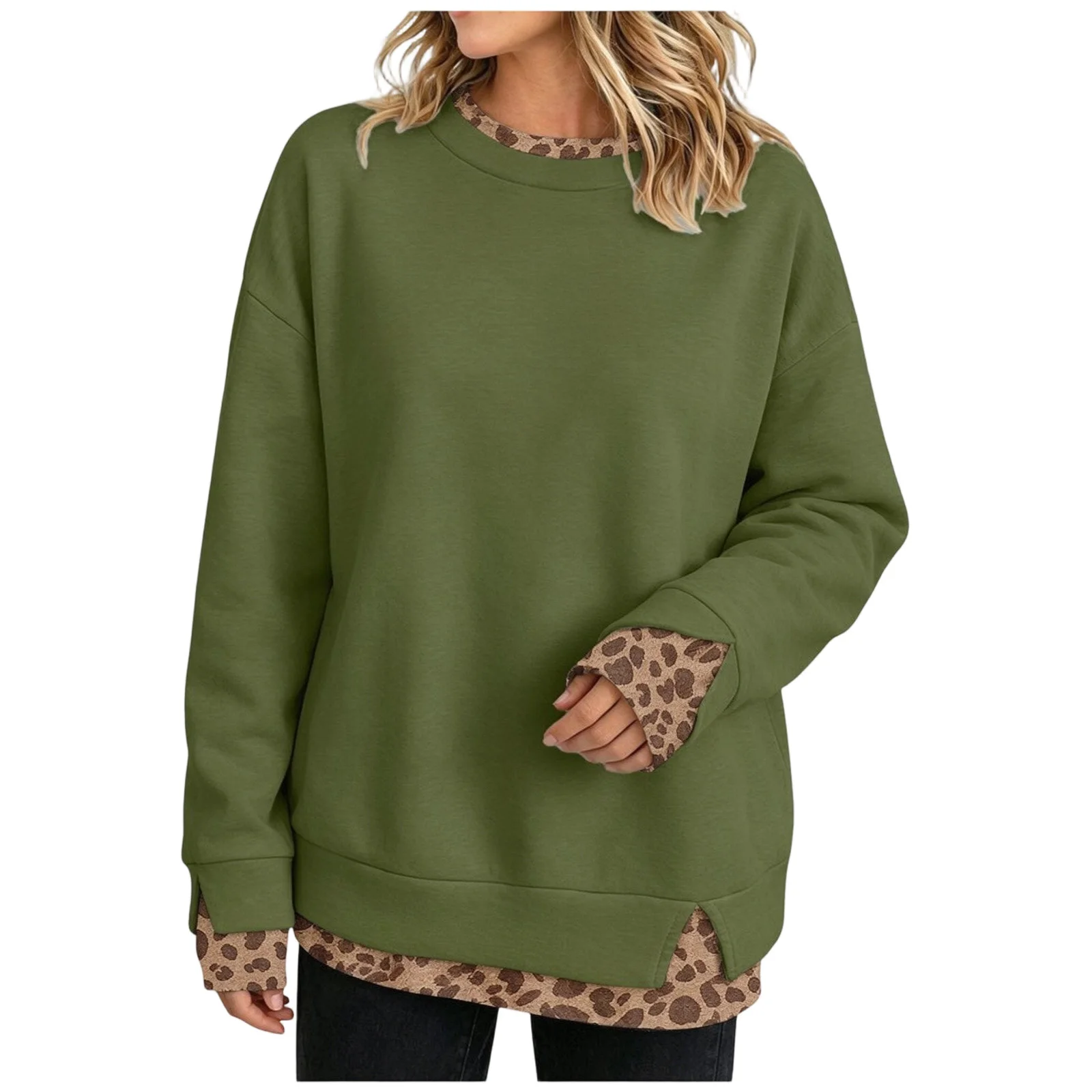 Fake Two-Piece Women Sweatshirts With Side Slit Leopard Print Long Sleeve Oversize Sweatshirts Office Casual Round Neck Pullover