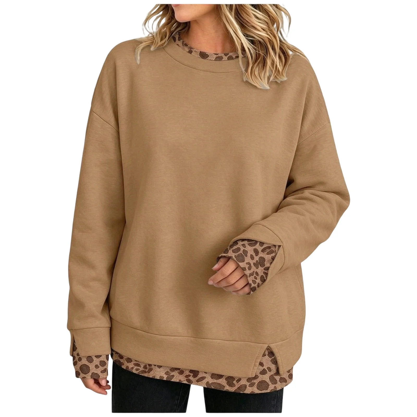 Fake Two-Piece Women Sweatshirts With Side Slit Leopard Print Long Sleeve Oversize Sweatshirts Office Casual Round Neck Pullover