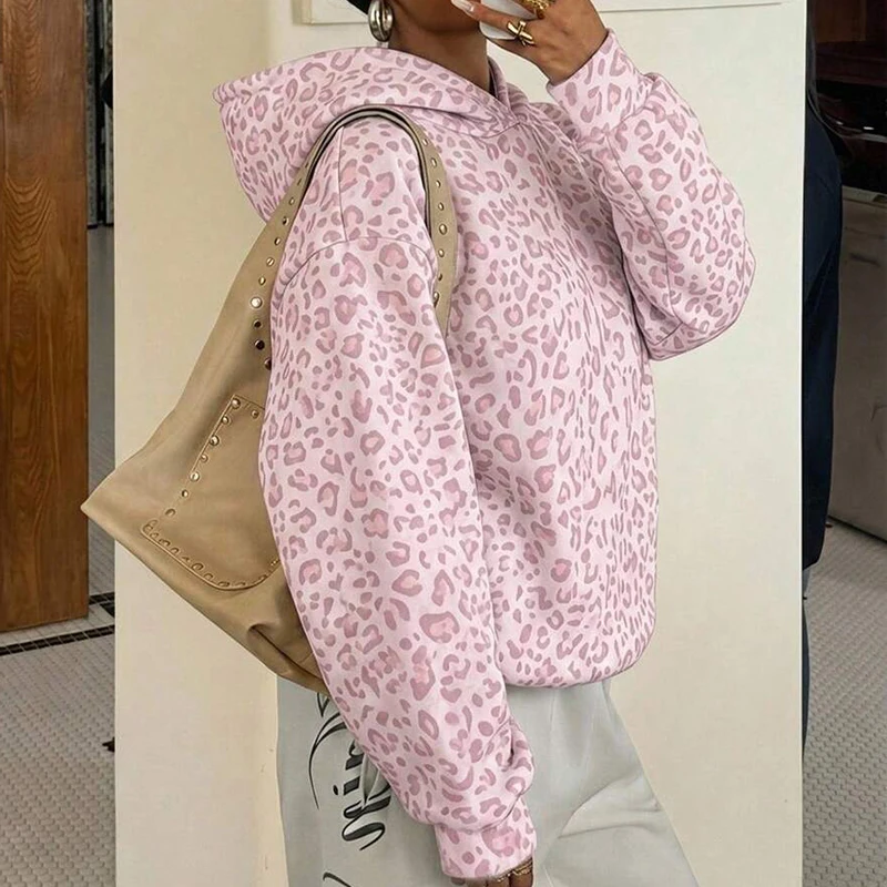 Autumn Winter New Commute Sportwear Tops Vintage Leopard Printed Hoodies Pullovers Elegant Long Sleeve Loose Women's Sweatshirts