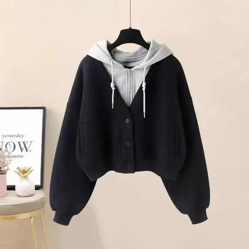 Women's Large Size Hoodie Spring and Autumn New Korean Style Fashion Chic Elegant College Style Fake Two-Piece Casual Cardigan