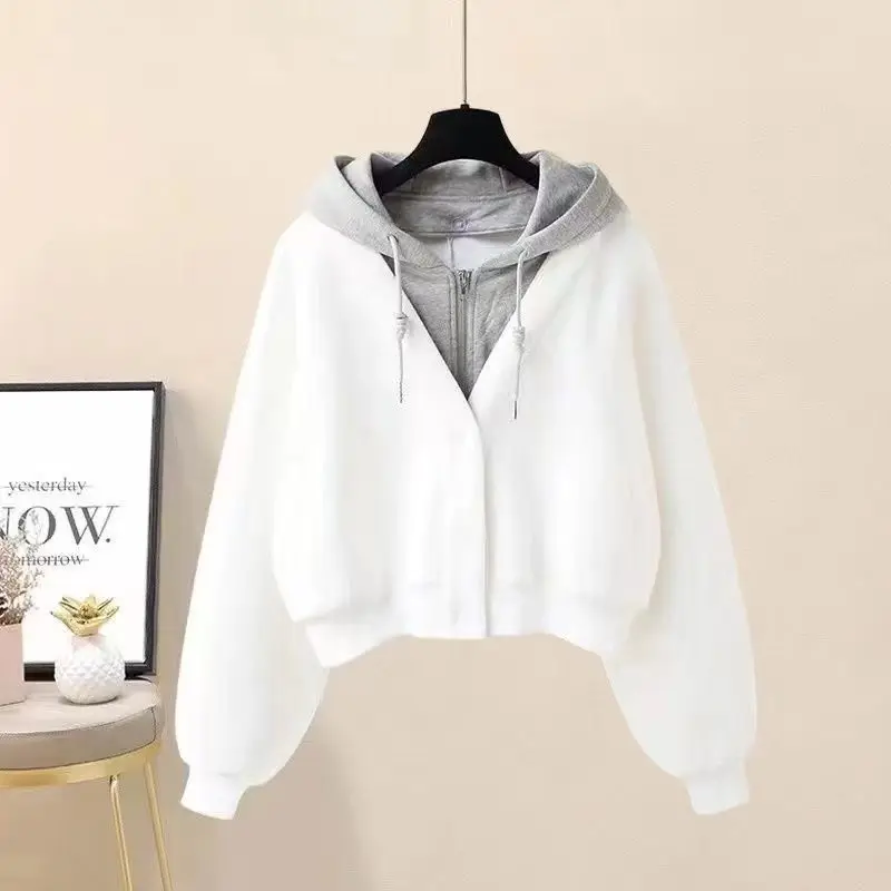 Women's Large Size Hoodie Spring and Autumn New Korean Style Fashion Chic Elegant College Style Fake Two-Piece Casual Cardigan