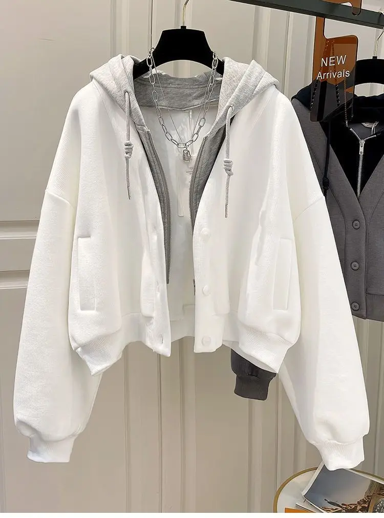 Women's Large Size Hoodie Spring and Autumn New Korean Style Fashion Chic Elegant College Style Fake Two-Piece Casual Cardigan