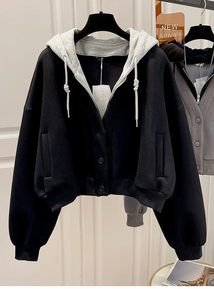Women's Large Size Hoodie Spring and Autumn New Korean Style Fashion Chic Elegant College Style Fake Two-Piece Casual Cardigan