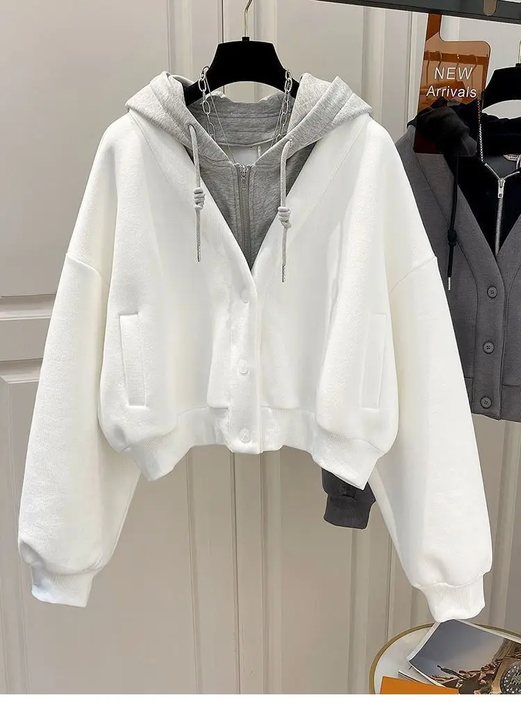 Women's Large Size Hoodie Spring and Autumn New Korean Style Fashion Chic Elegant College Style Fake Two-Piece Casual Cardigan