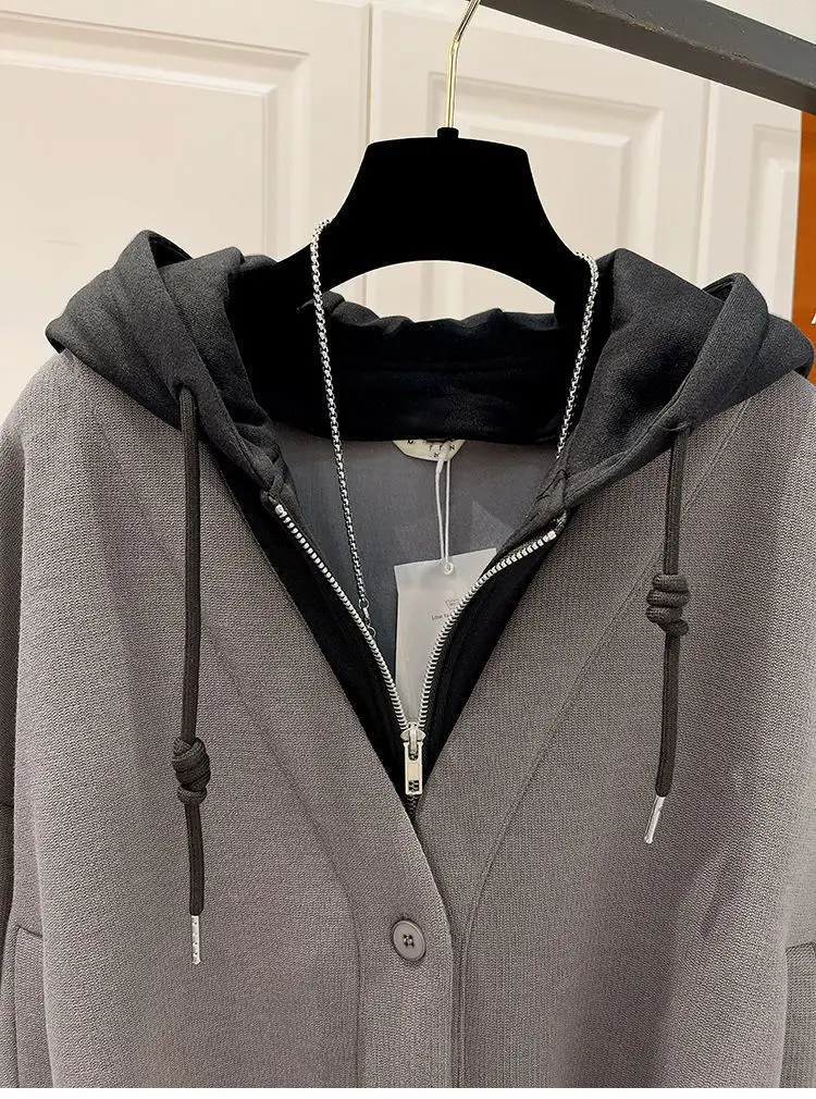 Women's Large Size Hoodie Spring and Autumn New Korean Style Fashion Chic Elegant College Style Fake Two-Piece Casual Cardigan