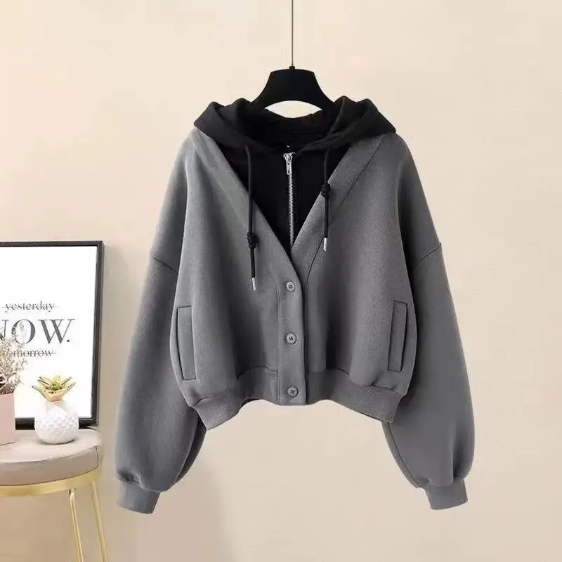 Women's Large Size Hoodie Spring and Autumn New Korean Style Fashion Chic Elegant College Style Fake Two-Piece Casual Cardigan