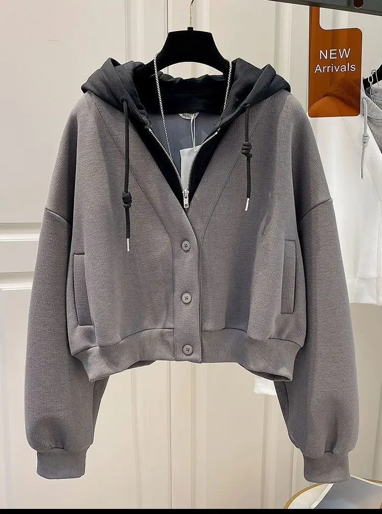 Women's Large Size Hoodie Spring and Autumn New Korean Style Fashion Chic Elegant College Style Fake Two-Piece Casual Cardigan