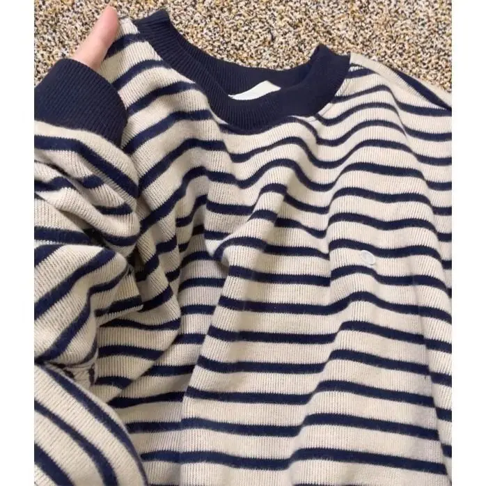 Spring Autumn Striped Crew Neck Long Sleeve Sweatshirt Women's Loose Casual
