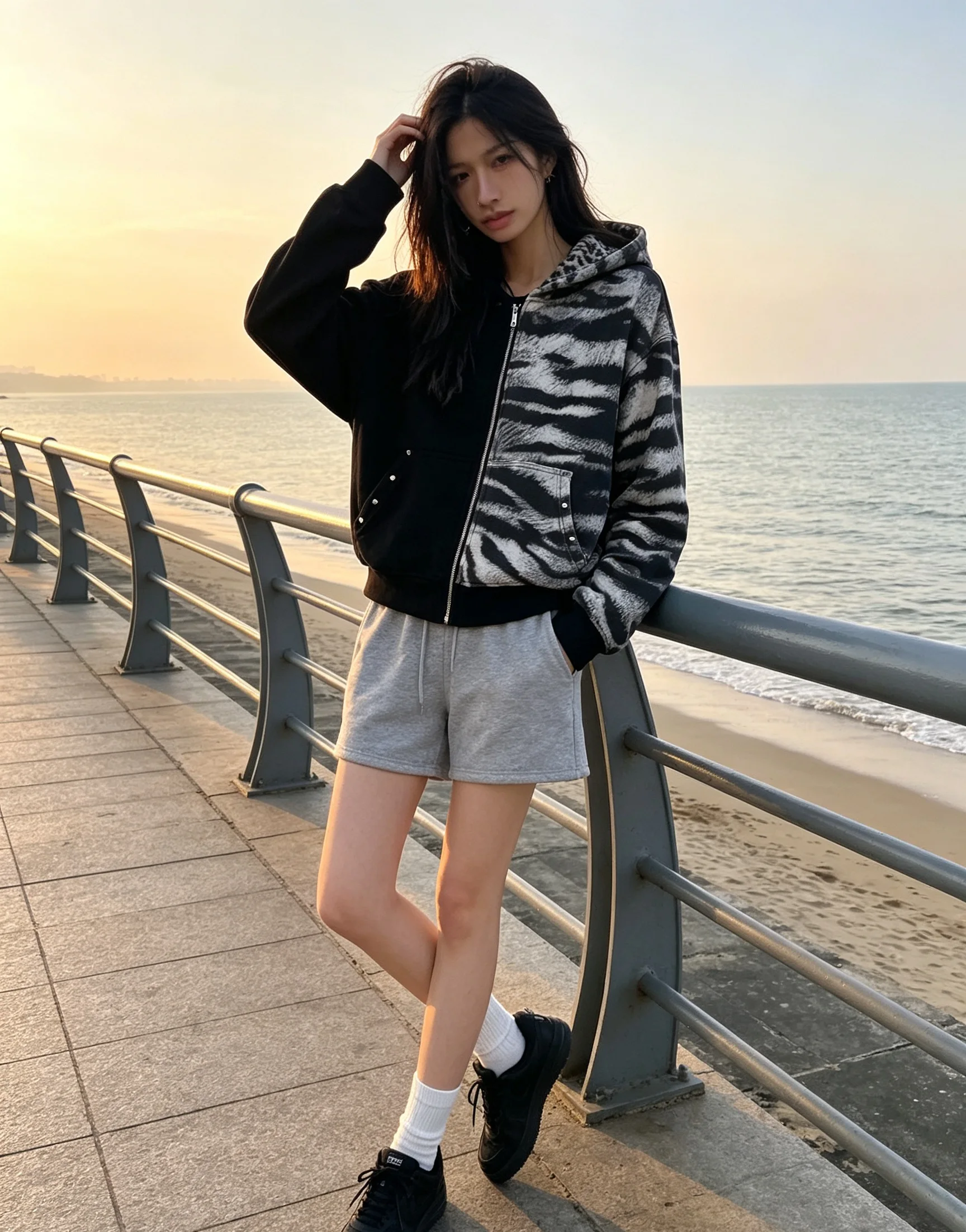 Punk Asymmetrical Tiger Print Spliced Zip‑Up Hoodie Unisex Oversized Cropped Distressed Street Sweatshirt