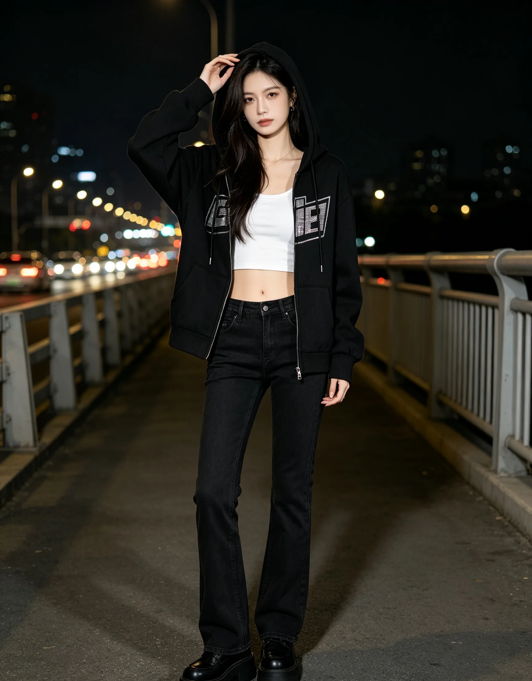 Sparkling Rhinestone Letter Graphic Zip Hoodie Women Baggy Fit Alt Streetwear Casual Full Zip Jacket