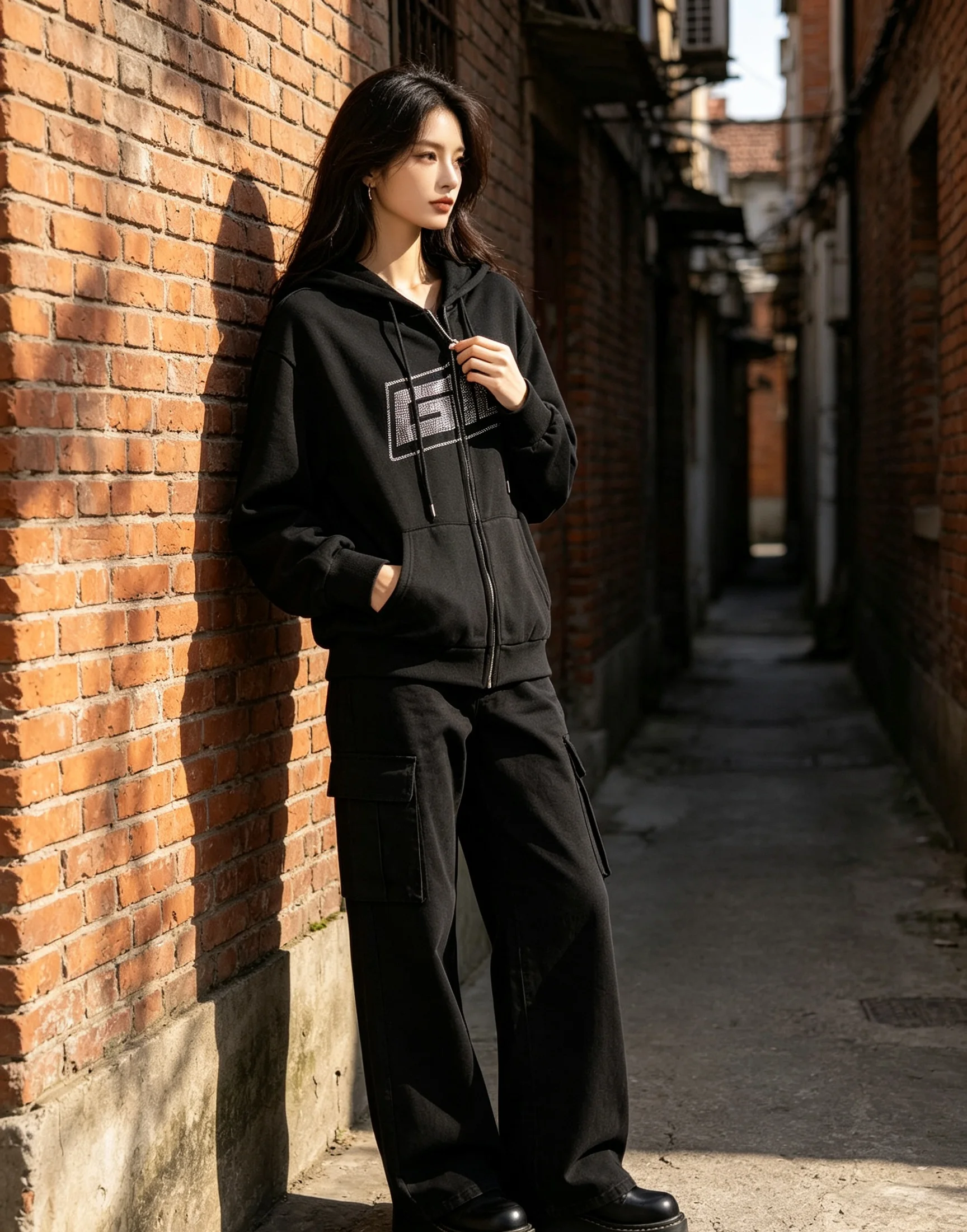 Sparkling Rhinestone Letter Graphic Zip Hoodie Women Baggy Fit Alt Streetwear Casual Full Zip Jacket
