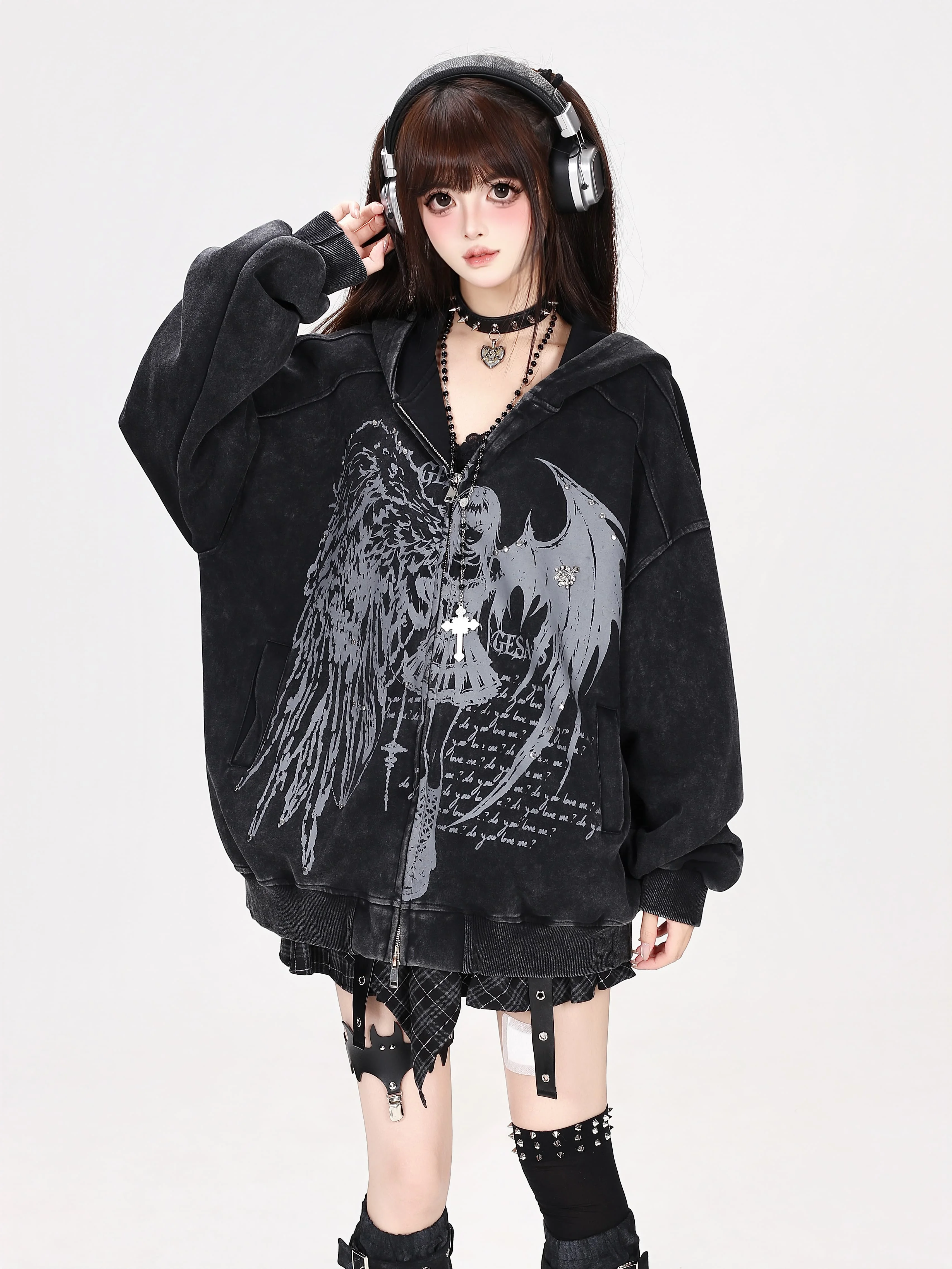 Japanese Subculture Retro Washed Old Street Style Hooded Loose Coat Autumn New Cool Girl Long-sleeved Women's Sweatshirt