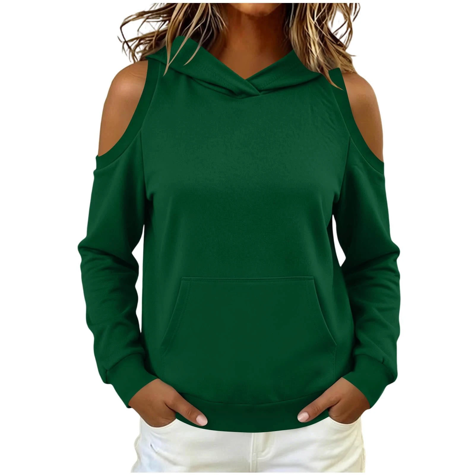 Women's Hoodie Autumn Long Sleeve Cold Shoulder Hooded Sweatshirt Tops Solid Casual Kangaroo Pocket Pullover Hoodies Streetwear