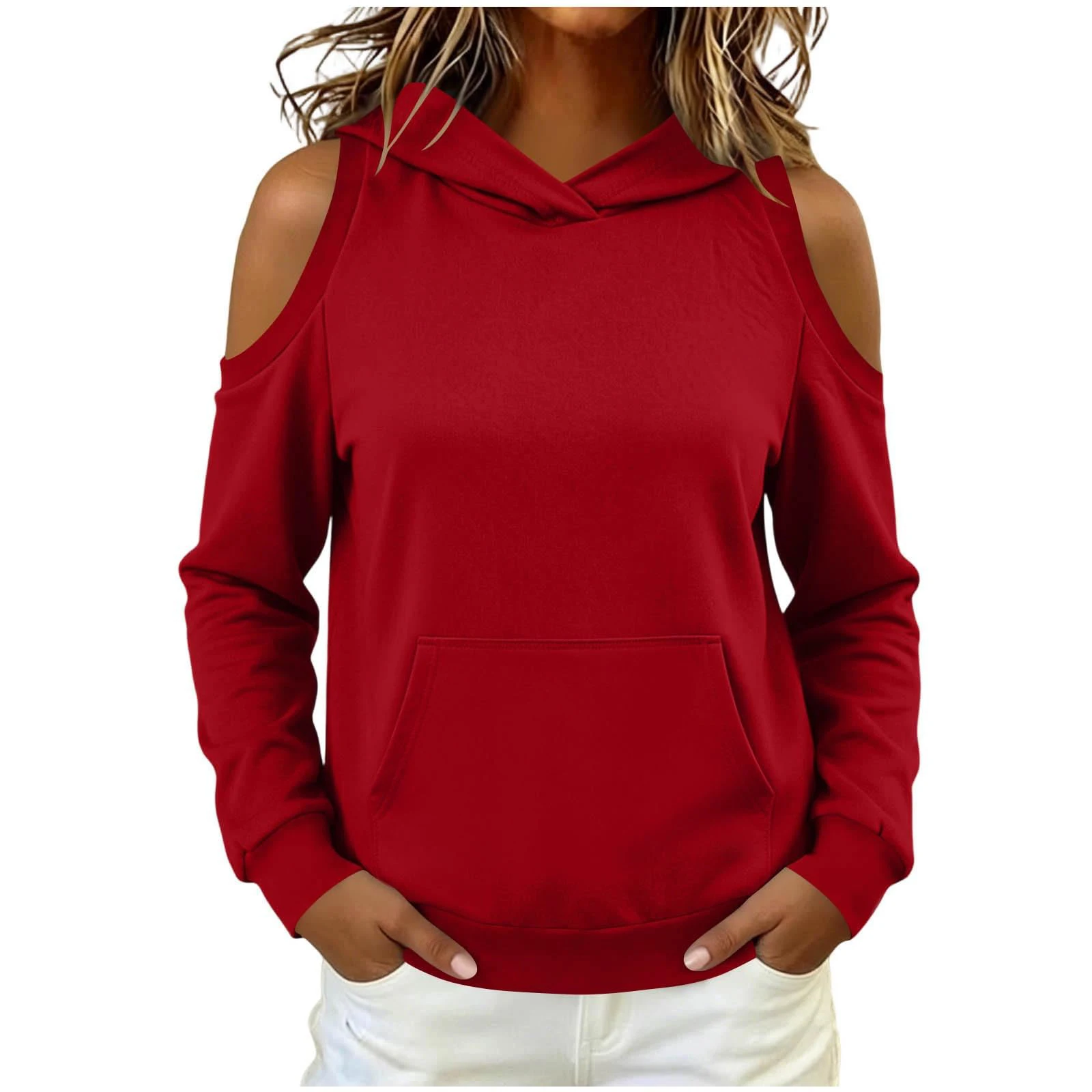 Women's Hoodie Autumn Long Sleeve Cold Shoulder Hooded Sweatshirt Tops Solid Casual Kangaroo Pocket Pullover Hoodies Streetwear