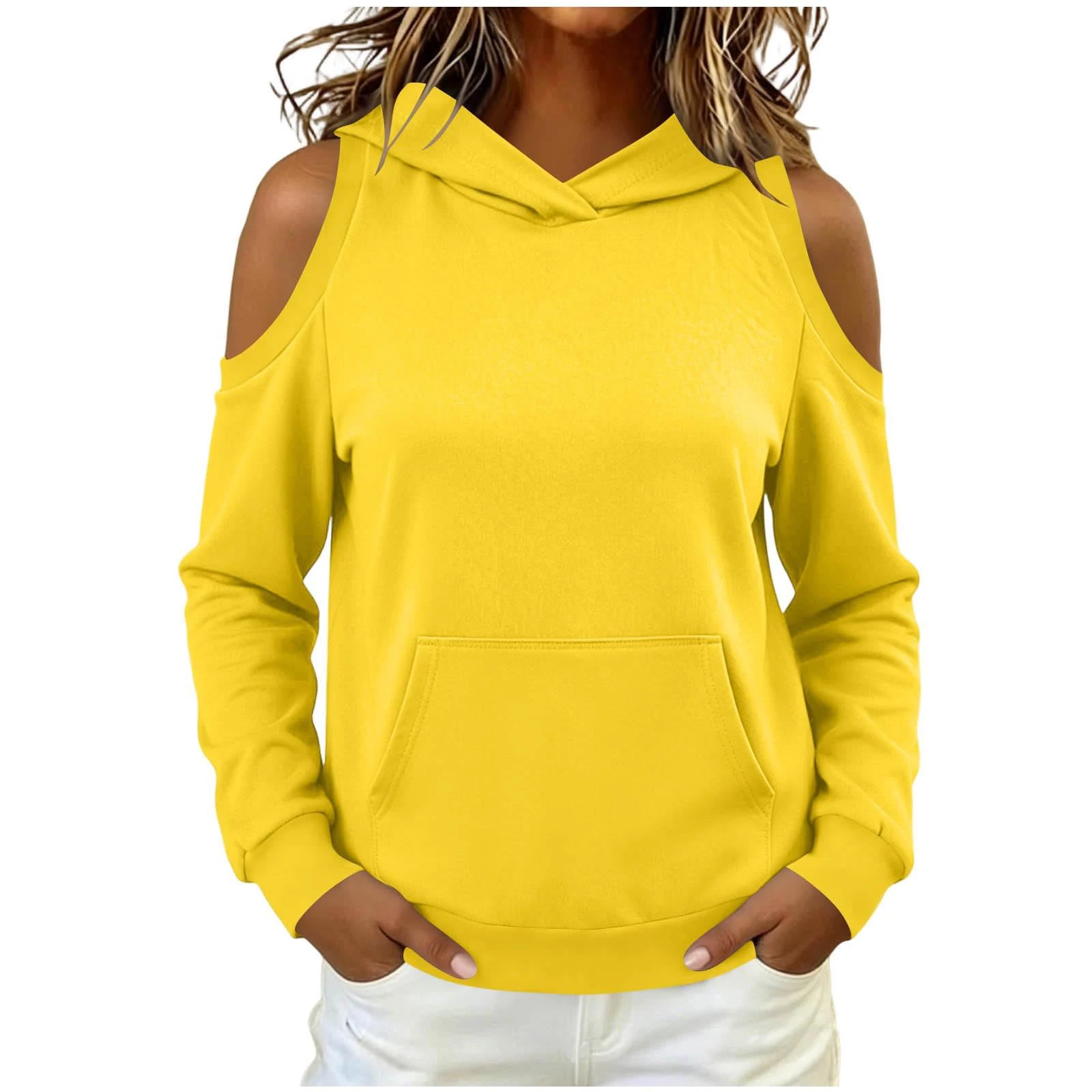 Women's Hoodie Autumn Long Sleeve Cold Shoulder Hooded Sweatshirt Tops Solid Casual Kangaroo Pocket Pullover Hoodies Streetwear