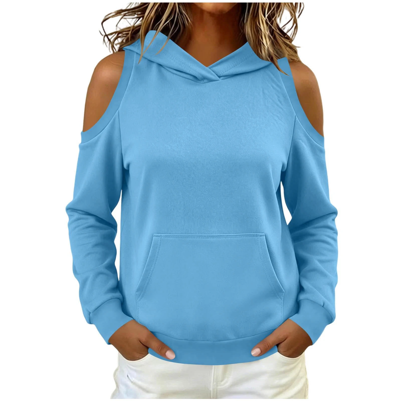 Women's Hoodie Autumn Long Sleeve Cold Shoulder Hooded Sweatshirt Tops Solid Casual Kangaroo Pocket Pullover Hoodies Streetwear
