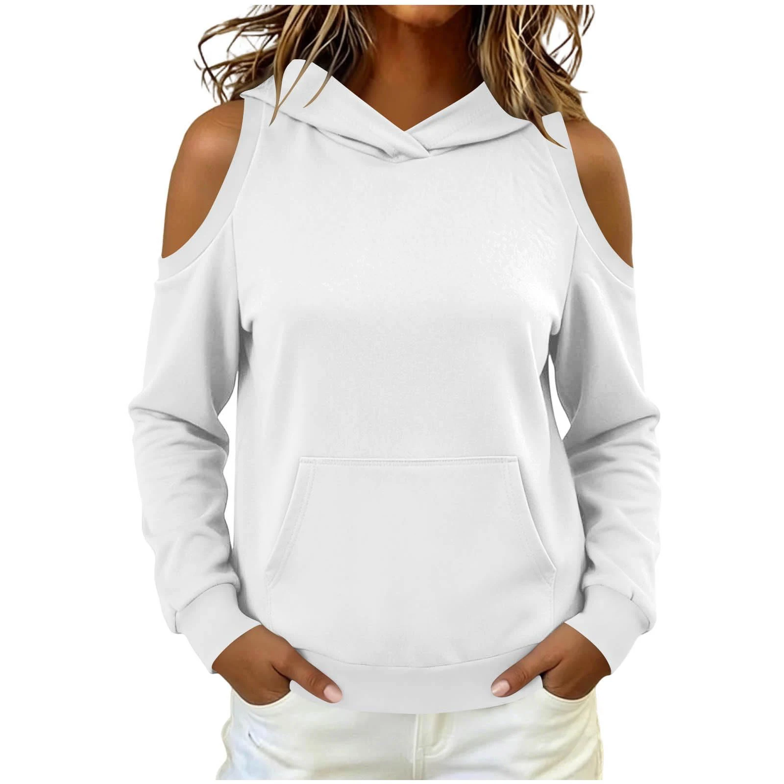 Women's Hoodie Autumn Long Sleeve Cold Shoulder Hooded Sweatshirt Tops Solid Casual Kangaroo Pocket Pullover Hoodies Streetwear