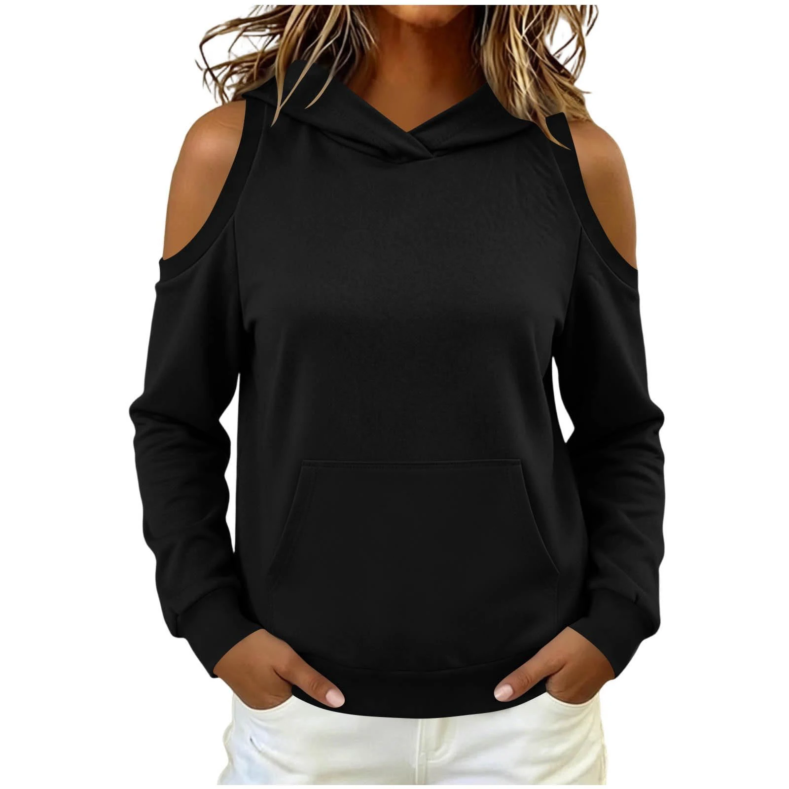 Women's Hoodie Autumn Long Sleeve Cold Shoulder Hooded Sweatshirt Tops Solid Casual Kangaroo Pocket Pullover Hoodies Streetwear